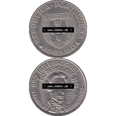 Alte Gedenkmünze aus Portugal als PNG-Grafik 1982, 100 Escudos, Ano Internacional, do Deficiente. Vorderseite und Rückseite vertikal - untereinander auf einen Bild/Foto... Sammlung