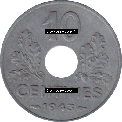 Münze Frankreich Umlaufmünzen Sammlung in PNG 1941-1943, 10 Centimes, Etat Francais 1943-01 (5) - Digitales Münzen-Bildmaterial einer französischen Francs Münze... Sammlung