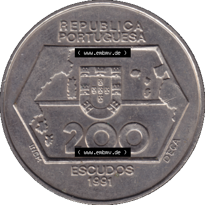 Alte Gedenkmünze aus Portugal als PNG-Grafik 1992, 200 Escudos, Navegagoes Para Ocidente 1452-1486. Vorderseite der 200 Escudo Gedenkmünze aus Portugal vor Einführung... Sammlung