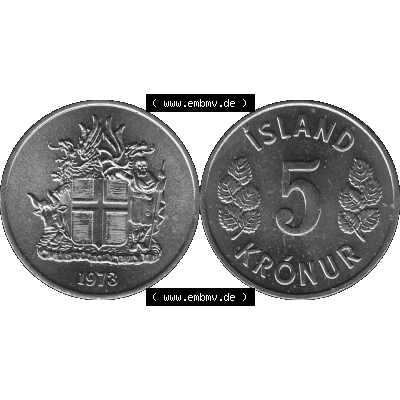 Alte Münze Island Umlaufmünze 1969-1980, 5 Kronur 1973-01, 5 Isländische Kronen Graustufen. Vorderseite und Rückseite der Münze / Kursmünze aus Island,... Sammlung