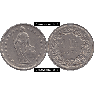 Alte Münze Schweiz in original Farbgebung vom Scanner transparenten PNG 1968-1982, 1 Franken B 1977-01 (09) Sammlung