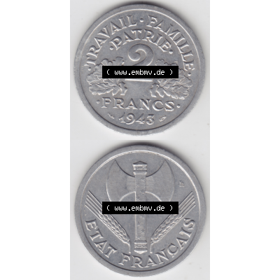 Münze Frankreich Umlaufmünzen Sammlung in PNG 1943-1944, 2 Francs, Franken 1943 (4) - Digitales Münzen-Bildmaterial einer französischen Francs Münze aus Frankreich... Sammlung
