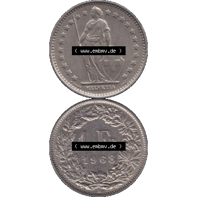 Alte Münze Schweiz in original Farbgebung vom Scanner transparenten PNG 1968-1982, 1 Franken B 1968-01. Vorderseite und Rückseite der Münze Umlaufmünze / Kursmünze... Sammlung