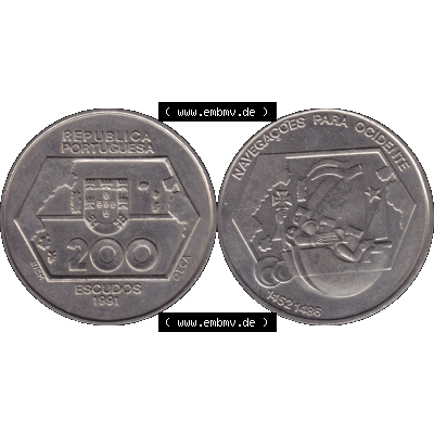 Alte Gedenkmünze aus Portugal als PNG-Grafik 1992, 200 Escudos, Navegagoes Para Ocidente 1452-1486. Vorderseite und Rückseite auf einen Bild/Foto der portugiesischen 200... Sammlung