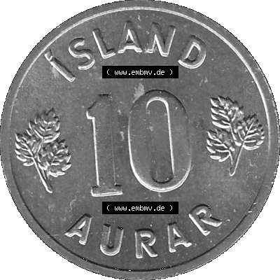 Alte Münze Island Umlaufmünze 1970-1974, 10 Aurar 1974-01, 10 Isländische Aurar Graustufen. Rückseite der Umlaufmünze in Graustufen Münze aus Island auf... Sammlung