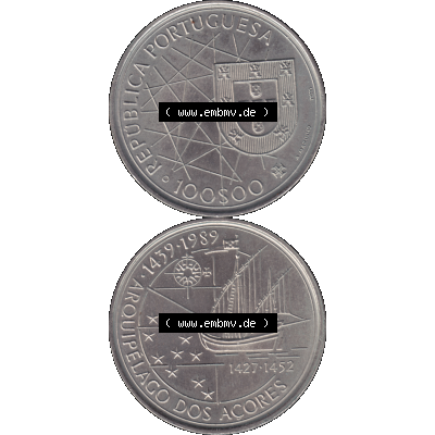 Alte Gedenkmünze aus Portugal als PNG-Grafik 1989, 100 Escudos, Arouipelago Dos Acores, 1439-1989. Vorderseite und Rückseite vertikal - untereinander auf einen Bild/Foto... Sammlung