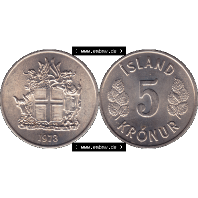 Alte Münze Island Umlaufmünze 1969-1980, 5 Kronur, Fünf Kronen 1973-01. Vorderseite und Rückseite der Münze aus Island horizontal auf einen digitalen Bild der... Sammlung