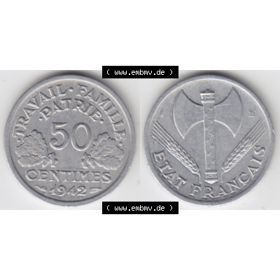Münze Frankreich Umlaufmünzen Sammlung in PNG 1942-1944, 50 Centimes, Cent 1942 (3) - Digitales Münzen-Bildmaterial einer französischen Francs Münze aus Frankreich... Sammlung