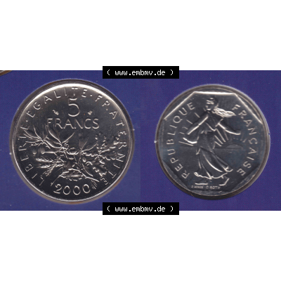 Münze Frankreich aus KMS Umlaufmünzen Sammlung in PNG 2000, 5 Francs (3) - Digitales Münzen-Bildmaterial einer französischen Francs Münze aus Frankreich aus KMS... Sammlung