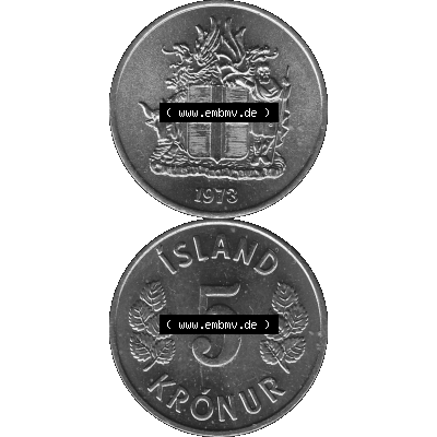 Alte Münze Island Umlaufmünze 1969-1980, 5 Kronur 1973-01, 5 Isländische Kronen Graustufen. Vorderseite und Rückseite in Graustufen der Münze aus Island,... Sammlung