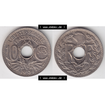 Münze Frankreich Umlaufmünzen Sammlung in PNG 1917-1938, 10 Centimes, Cent 1936 (3) - Digitales Münzen-Bildmaterial einer französischen Francs Münze aus Frankreich... Sammlung