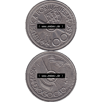 Alte Gedenkmünze aus Portugal als PNG-Grafik 1987, 100 Escudos, Diogo Cao 1486. Vorderseite und Rückseite vertikal - untereinander auf einen Bild/Foto zusammengefügt... Sammlung