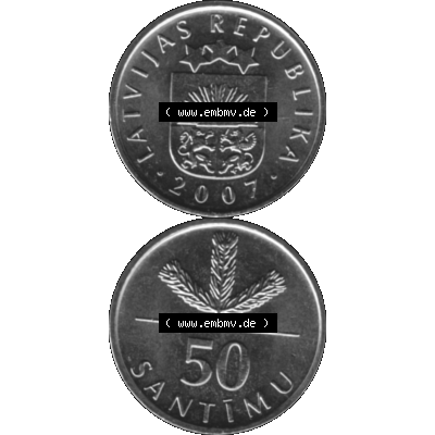 Alte Münze Lettland Umlaufmünze 1992-2009, 50 Santimu 2007-01, VS Staatswappen, RS. Wert-Zahl Graustufen. Vorderseite und Rückseite in Graustufen der Münze... Sammlung