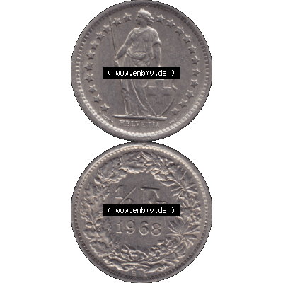 Alte Münze Schweiz in original Farbgebung vom Scanner transparenten PNG 1968-1982, 1/2 (halber) Franken B 1968-03. Vorderseite und Rückseite der Münze Umlaufmünze... Sammlung