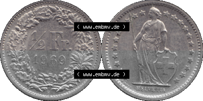 Schweiz in original Farbgebung vom Scanner transparenten PNG 1968-1982, 1/2 (halber) Franken B 1969 (Stück 3) Sammlung
