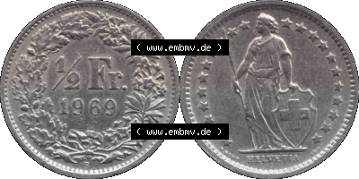Schweiz in original Farbgebung vom Scanner transparenten PNG 1968-1982, 1/2 (halber) Franken B 1969 (Stück 1) Sammlung