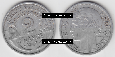 Münze Frankreich Umlaufmünzen Sammlung in PNG 1941-1959, 2 Francs, Franken 1947 (3) - Digitales Münzen-Bildmaterial einer französischen... Sammlung