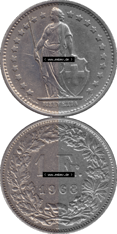 Schweiz in original Farbgebung vom Scanner transparenten PNG 1968-1982, 1 Franken B 1968 (Stück 2) Sammlung