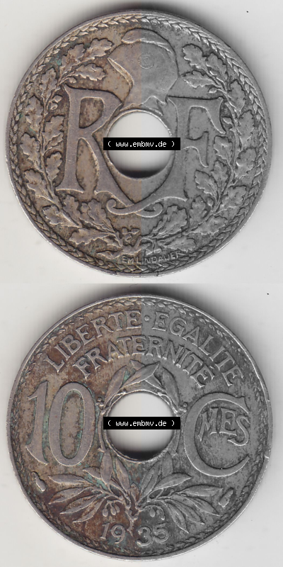 Münze Frankreich Umlaufmünzen Sammlung in PNG 1917-1938, 10 Centimes - Cmes 1935 (Stück 4) (4) - Digitales Münzen-Bildmaterial... Sammlung