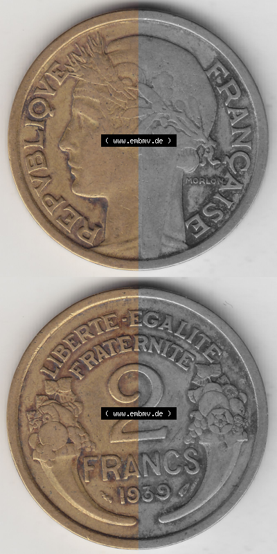 Münze Frankreich Umlaufmünzen Sammlung in PNG 1931-1941, 2 Franken 1939 (Stück 1) LIBERTE EGALITE FRATERNITE (4) - Digitales... Sammlung