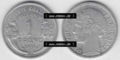 Münze Frankreich Umlaufmünzen Sammlung in PNG 1941-1959, 1 Francs, Franken 1958 (3) - Digitales Münzen-Bildmaterial einer französischen... Sammlung