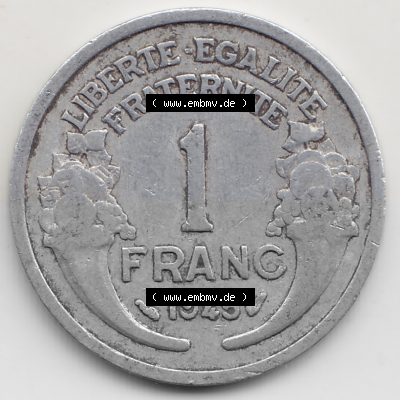 Münze Frankreich Umlaufmünzen Sammlung in PNG 1941-1959, 1 Franken - Francs 1945 (2) - Digitales Münzen-Bildmaterial einer... Sammlung