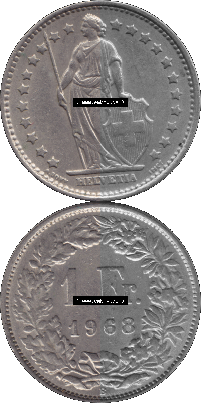 Schweiz in original Farbgebung vom Scanner transparenten PNG 1968-1982, 1 Franken B 1968 (Stück 3) Sammlung