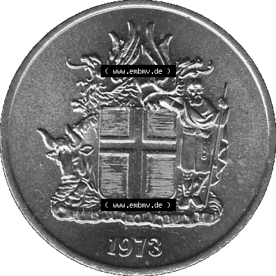 Island Umlaufmünze 1969-1980, 5 Kronur 1973 (Stück 1), 5 Isländische Kronen Graustufen Sammlung