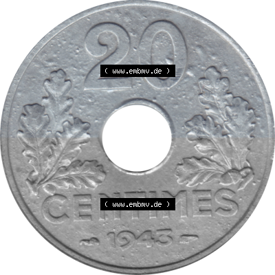 Münze Frankreich Umlaufmünzen Sammlung in PNG 1941-1944, 20 Centimes, Cent 1943 (Stück 1) (5) - Digitales Münzen-Bildmaterial... Sammlung