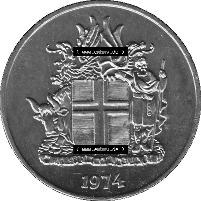 Island Umlaufmünze 1967-1980, 10 Kronur 1974 (Stück 1), 10 Isländische Kronen Graustufen Sammlung