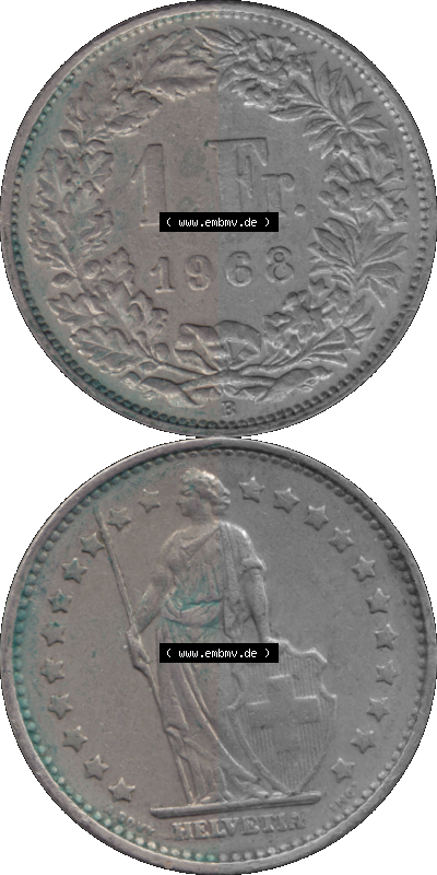 Schweiz in original Farbgebung vom Scanner transparenten PNG 1968-1982, 1 Franken B 1968 (Stück 4) Sammlung