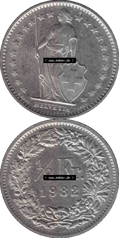 Schweiz in original Farbgebung vom Scanner transparenten PNG 1968-1982, 1/2 (halber) Franken B 1982 (Stück 1) Sammlung