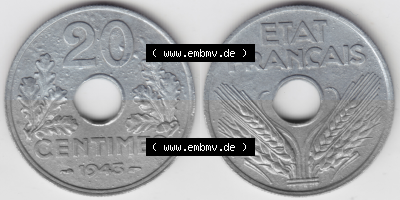 Münze Frankreich Umlaufmünzen Sammlung in PNG 1941-1944, 20 Centimes, Cent 1943 (3) - Digitales Münzen-Bildmaterial einer französischen... Sammlung