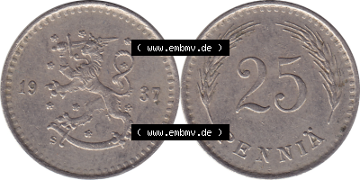 Münze Finnland / SUOMI Umlaufmünzen Sammlung in PNG 1921-1940, 25 Penny, Penniä 1937 (7) - Digital Münzen-Bildmaterial einer... Sammlung
