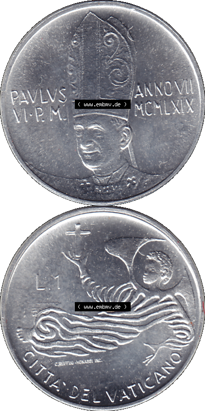 Alte Münze aus der Vatikanstadt / Vatikan als PNG-Grafik 1969-1969, 1 Eine Lira, mit Engel-Darstellung Papst Paul VI. 1969 Sammlung