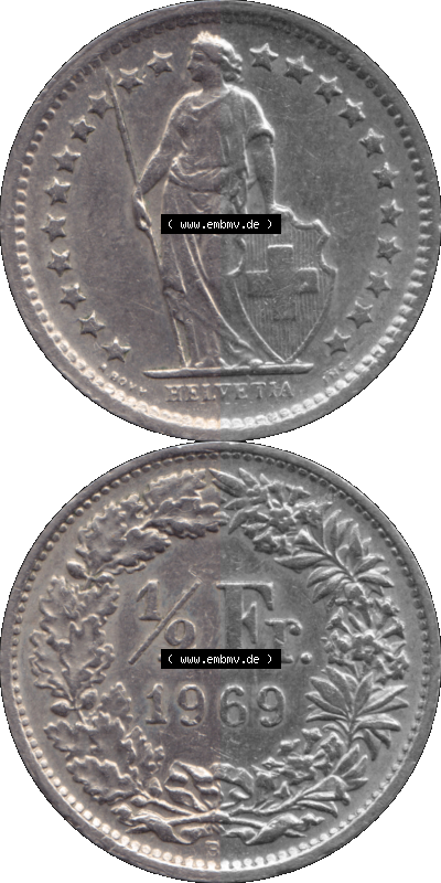 Schweiz in original Farbgebung vom Scanner transparenten PNG 1968-1982, 1/2 (halber) Franken B 1969 (Stück 1) Sammlung