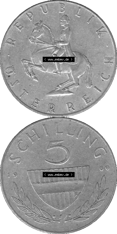 5 / Fünf Schilling Österreich in s/w Schwarzweiß bzw. Graustufen Farbgebung von Scanner transparenten PNG 1960-1968, 5 Fünf... Sammlung