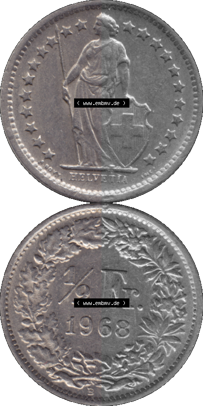 Schweiz in original Farbgebung vom Scanner transparenten PNG 1968-1982, 1/2 (halber) Franken B 1968 (Stück 3) Sammlung