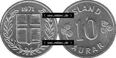 Island Umlaufmünze 1970-1974, 10 Aurar 1974 (Stück 1), 10 Isländische Aurar Graustufen Sammlung