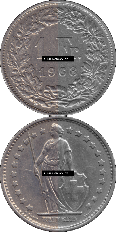 Schweiz in original Farbgebung vom Scanner transparenten PNG 1968-1982, 1 Franken B 1968 (Stück 2) Sammlung
