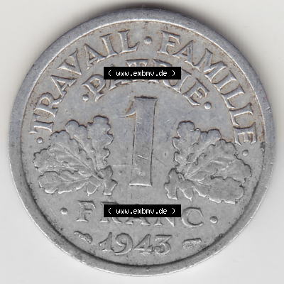 Münze Frankreich Umlaufmünzen Sammlung in PNG 1942-1944, 1 Franken - Francs 1943 (Stück 2) (2) - Digitales Münzen-Bildmaterial... Sammlung