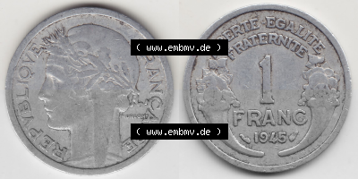 Münze Frankreich Umlaufmünzen Sammlung in PNG 1941-1959, 1 Franken - Francs 1945 (3) - Digitales Münzen-Bildmaterial einer... Sammlung