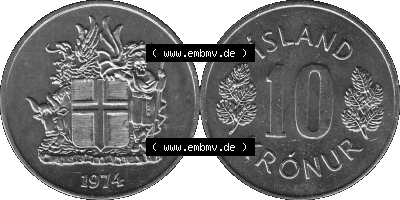 Island Umlaufmünze 1967-1980, 10 Kronur 1974 (Stück 1), 10 Isländische Kronen Graustufen Sammlung