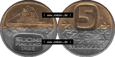 Alte Münzen KMS Finnland, Kursmünzensatz 1976 in Stempelglanz als digitales Computerbild in transparenten PNG 1979-1993, 5 Markkaa... Sammlung