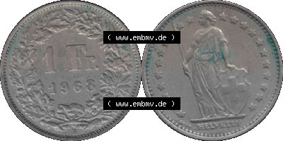 Schweiz in original Farbgebung vom Scanner transparenten PNG 1968-1982, 1 Franken B 1968 (Stück 4) Sammlung