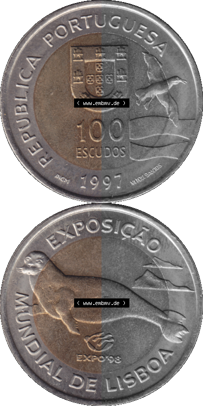 Alte Gedenkmünze aus Portugal als PNG-Grafik 1997, 100 Escudos, EXPO98, Exposicao, Mundial de Lisaboa Sammlung