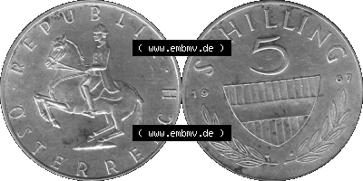 5 / Fünf Schilling Österreich in s/w Schwarzweiß bzw. Graustufen Farbgebung von Scanner transparenten PNG 1960-1968, 5 Fünf... Sammlung