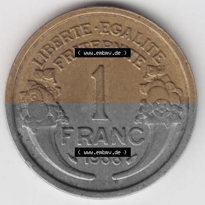 Münze Frankreich Umlaufmünzen Sammlung in PNG 1931-1941, 1 Francs, Franken 1938 (1) - Digitales Münzen-Bildmaterial einer französischen... Sammlung