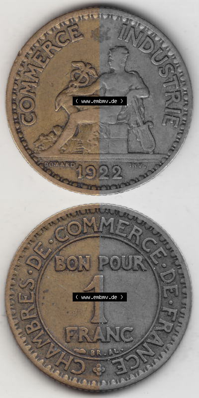 Münze Frankreich Umlaufmünzen Sammlung in PNG 1922-1927, 1 Franken, BON POUR One Franc, 1922 (Stück 1) CHAMBRES DE COMMERCE... Sammlung