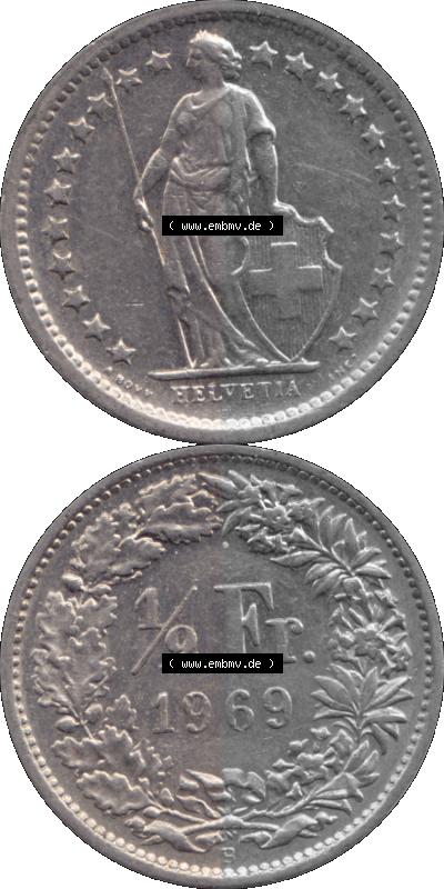 Schweiz in original Farbgebung vom Scanner transparenten PNG 1968-1982, 1/2 (halber) Franken B 1969 (Stück 2) Sammlung